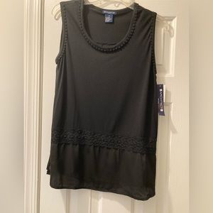 New Black petite medium top with lace trim just below the waist